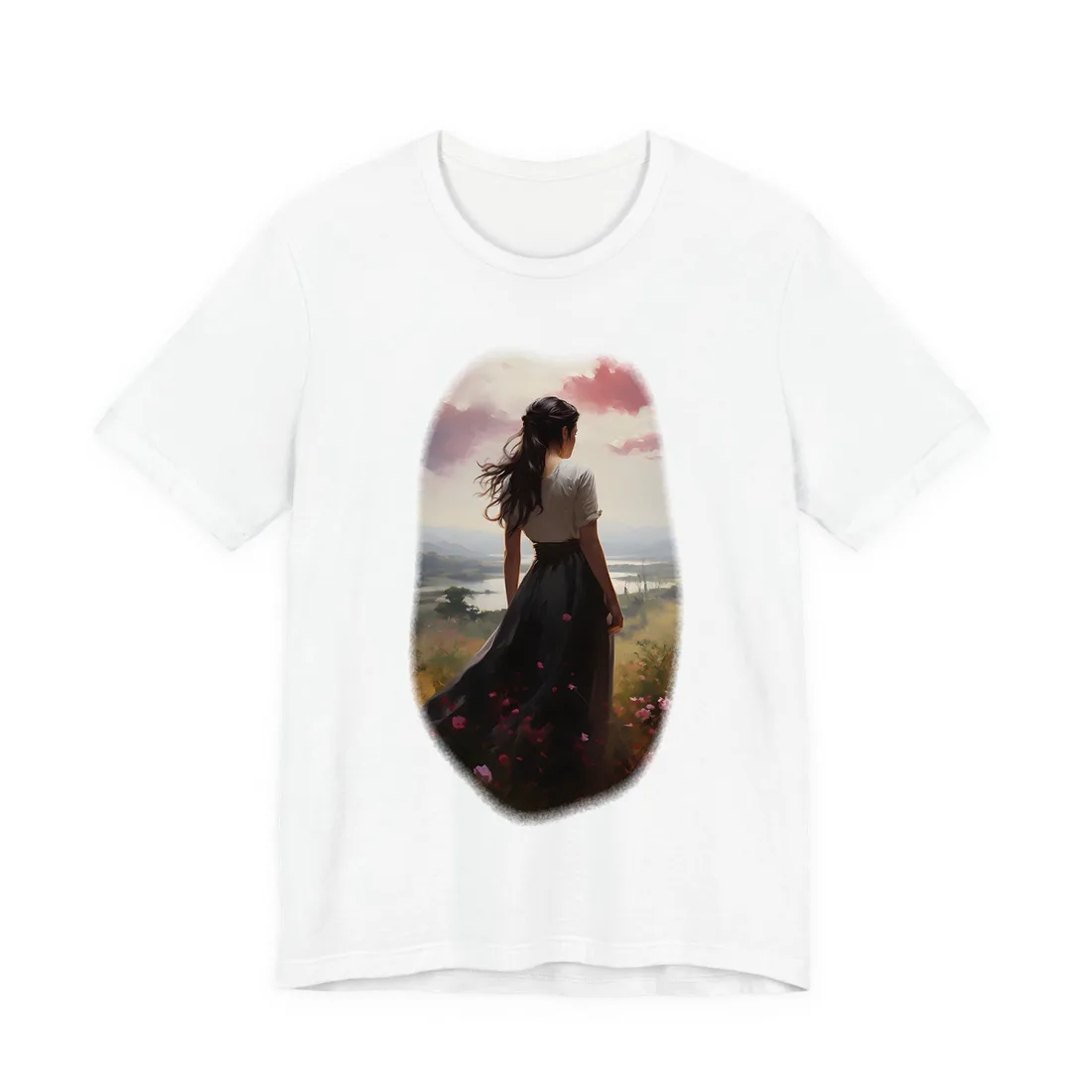 Woman in the Meadow: Flowing Dress Nature Scene – T-Shirt, white