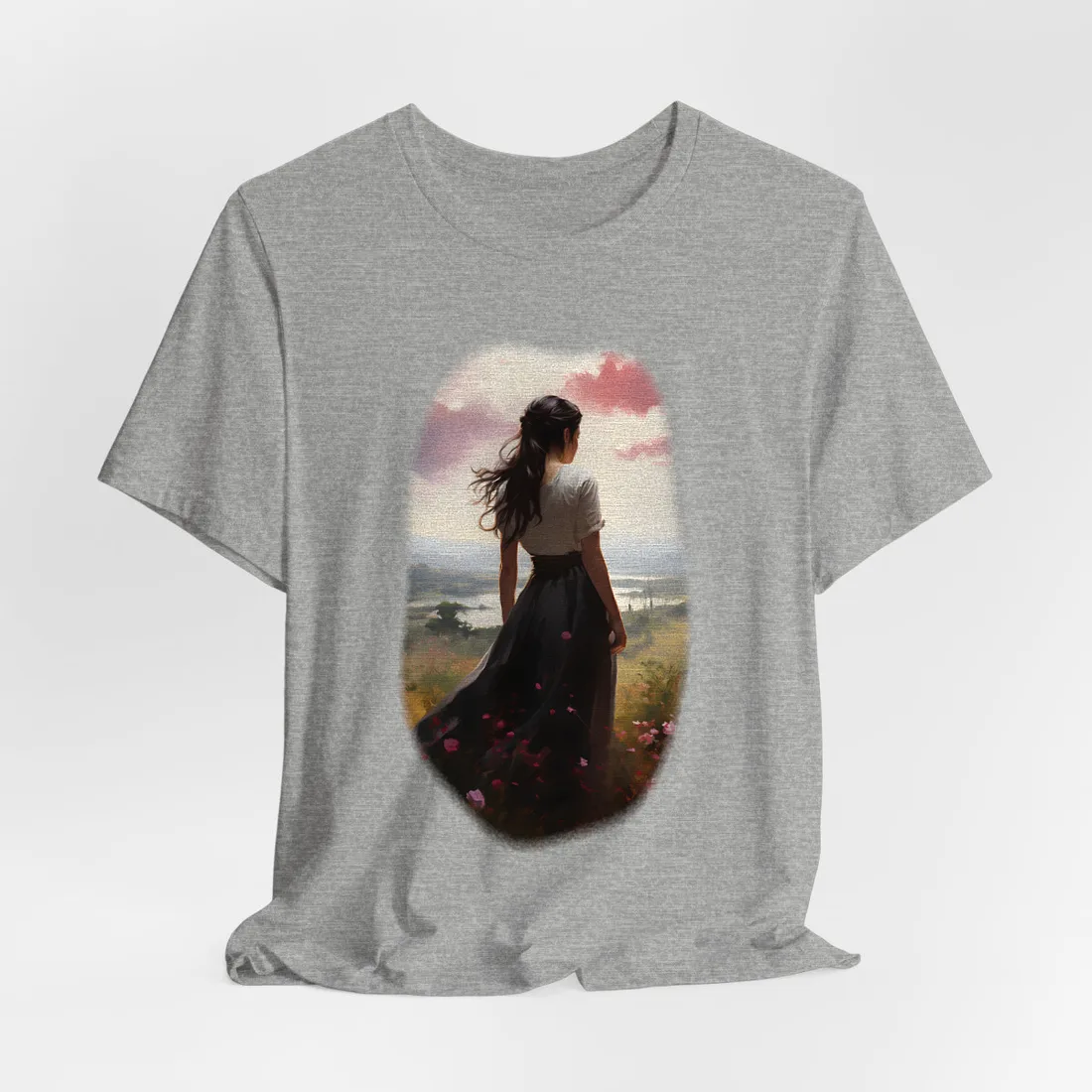 Woman in the Meadow: Flowing Dress Nature Scene – T-Shirt, athletic heather