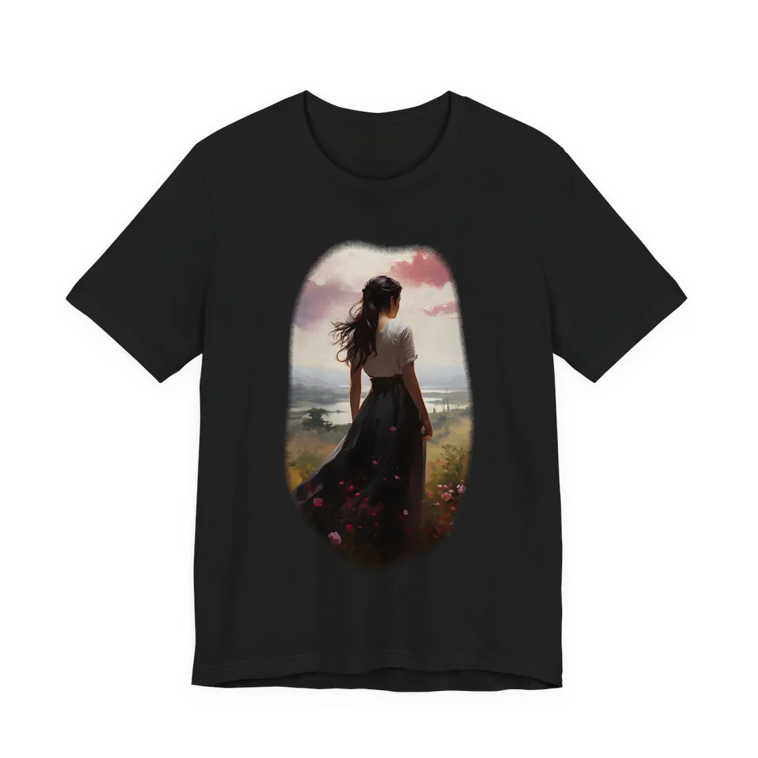 Woman in the Meadow: Flowing Dress Nature Scene – T-Shirt, black