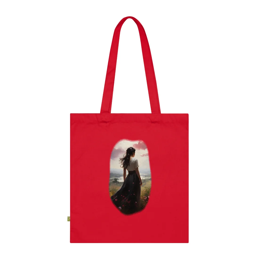 Woman in the Meadow: Flowing Dress Nature Scene – Tote Bag, classic red