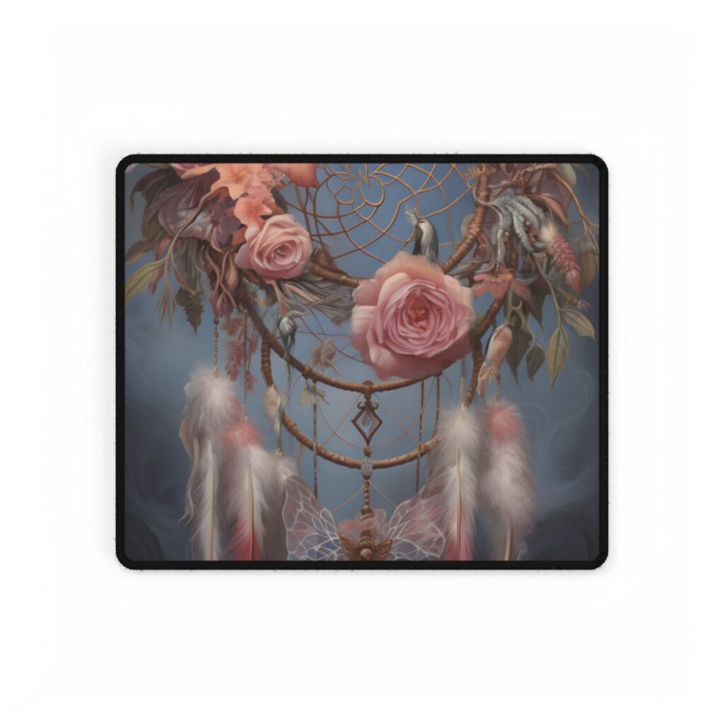 Ethereal Dreamcatcher Realm: Surreal Artwork with Colorful Feathers - Desk Mat