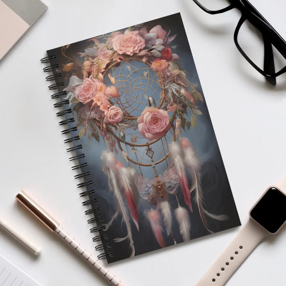 Ethereal Dreamcatcher Realm: Surreal Artwork with Colorful Feathers - Spiral Notebook