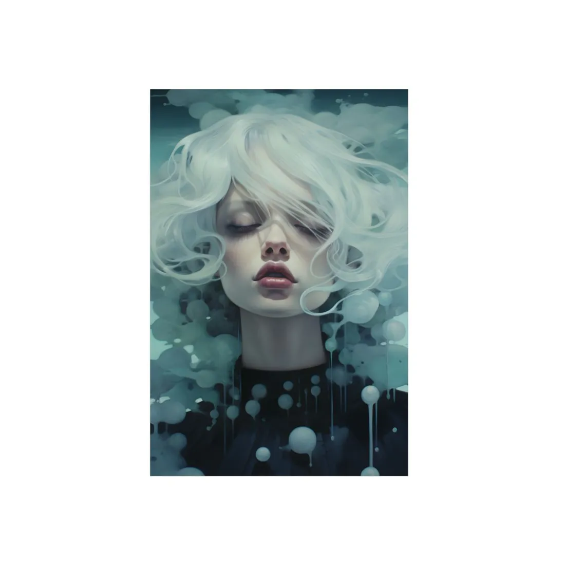 Ethereal Dreamer: Pale Fantasy Portrait in Blue Mist - Metal Poster