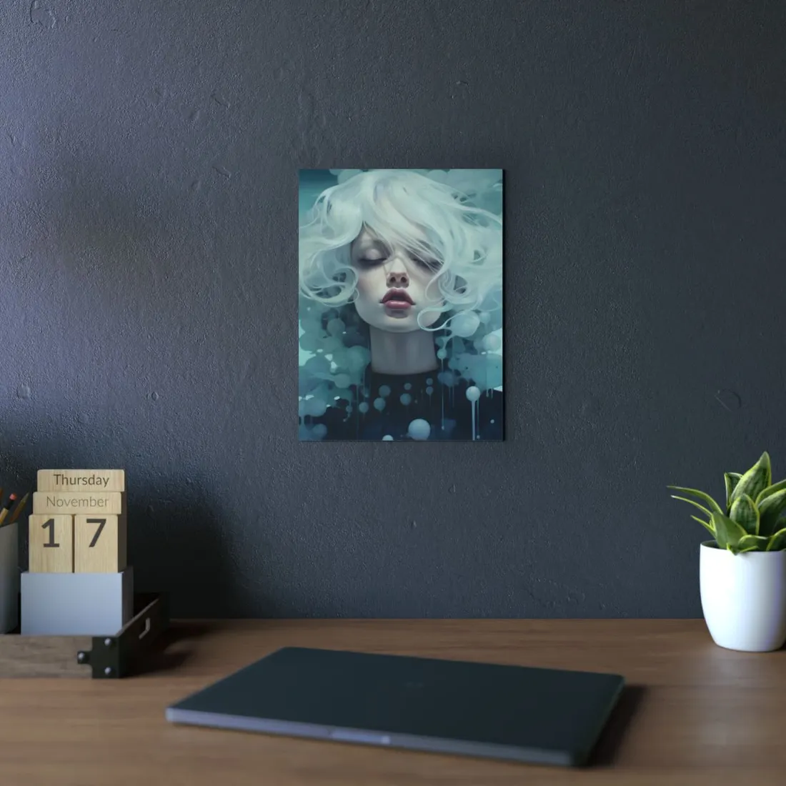 Ethereal Dreamer: Pale Fantasy Portrait in Blue Mist - Metal Poster