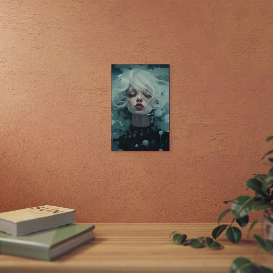 Ethereal Dreamer: Pale Fantasy Portrait in Blue Mist - Metal Poster