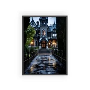 Gothic Victorian Mansion at Dusk Framed Poster