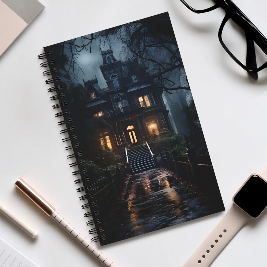 Ethereal Victorian Mansion at Dusk: A Haunting Atmosphere - Spiral Notebook