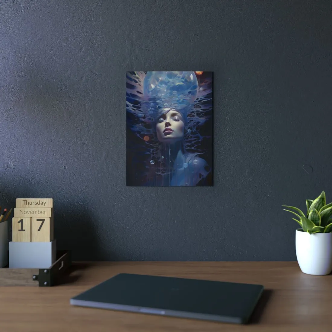 Ethereal Water Portrait: Woman Emerging from Mist - Metal Poster