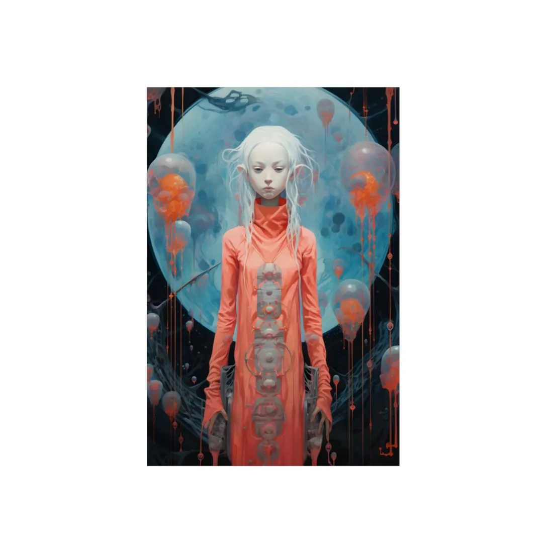 Ethereal Woman in Orange: Dreamlike Bubble Portrait - Metal Poster