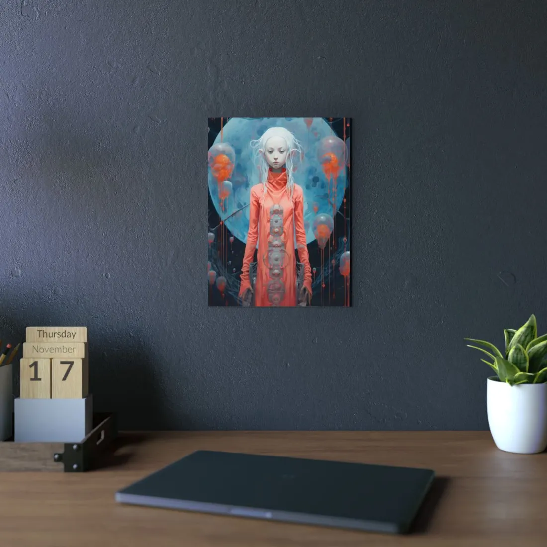 Ethereal Woman in Orange: Dreamlike Bubble Portrait - Metal Poster