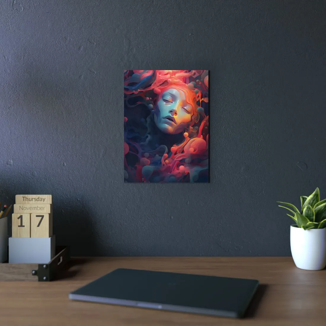 Ethereal Woman in Pink and Red: Abstract Portrait Art - Metal Poster