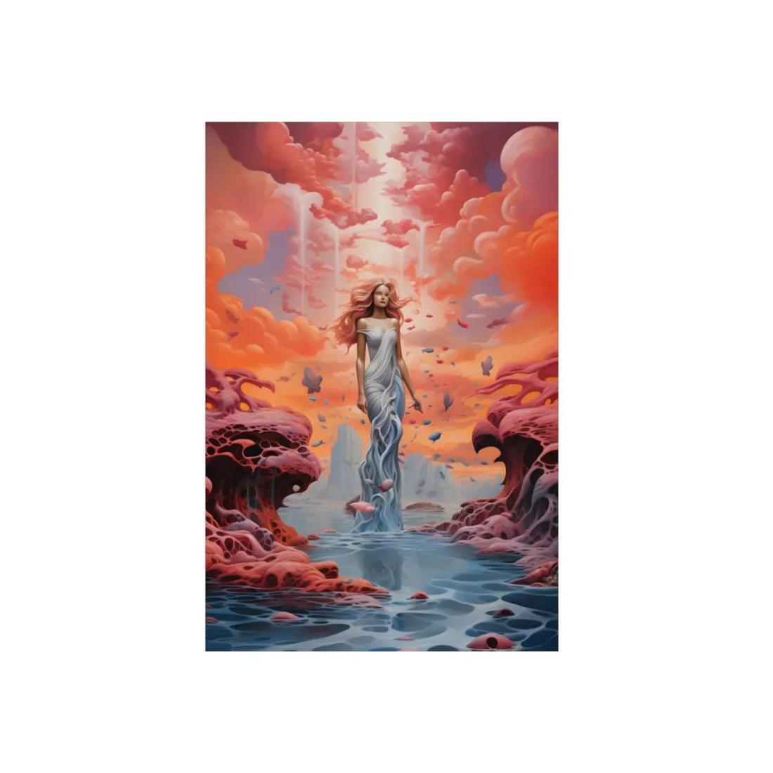 Ethereal Woman on Coral Cliffs: Surreal Fantasy Portrait - Metal Poster