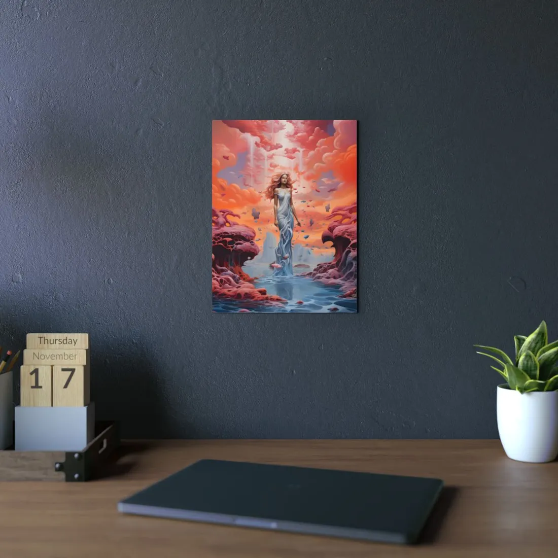 Ethereal Woman on Coral Cliffs: Surreal Fantasy Portrait - Metal Poster
