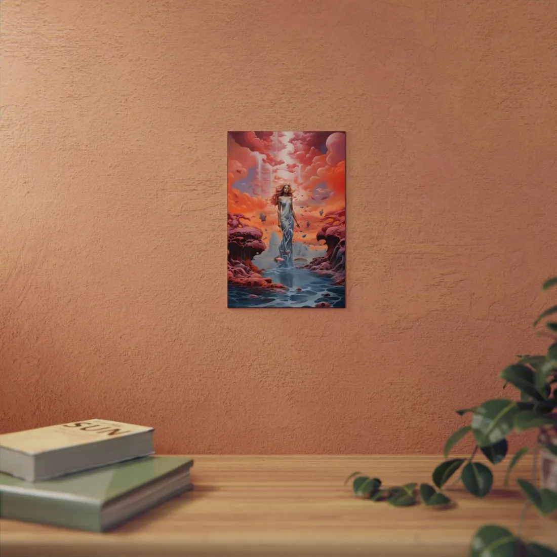 Ethereal Woman on Coral Cliffs: Surreal Fantasy Portrait - Metal Poster