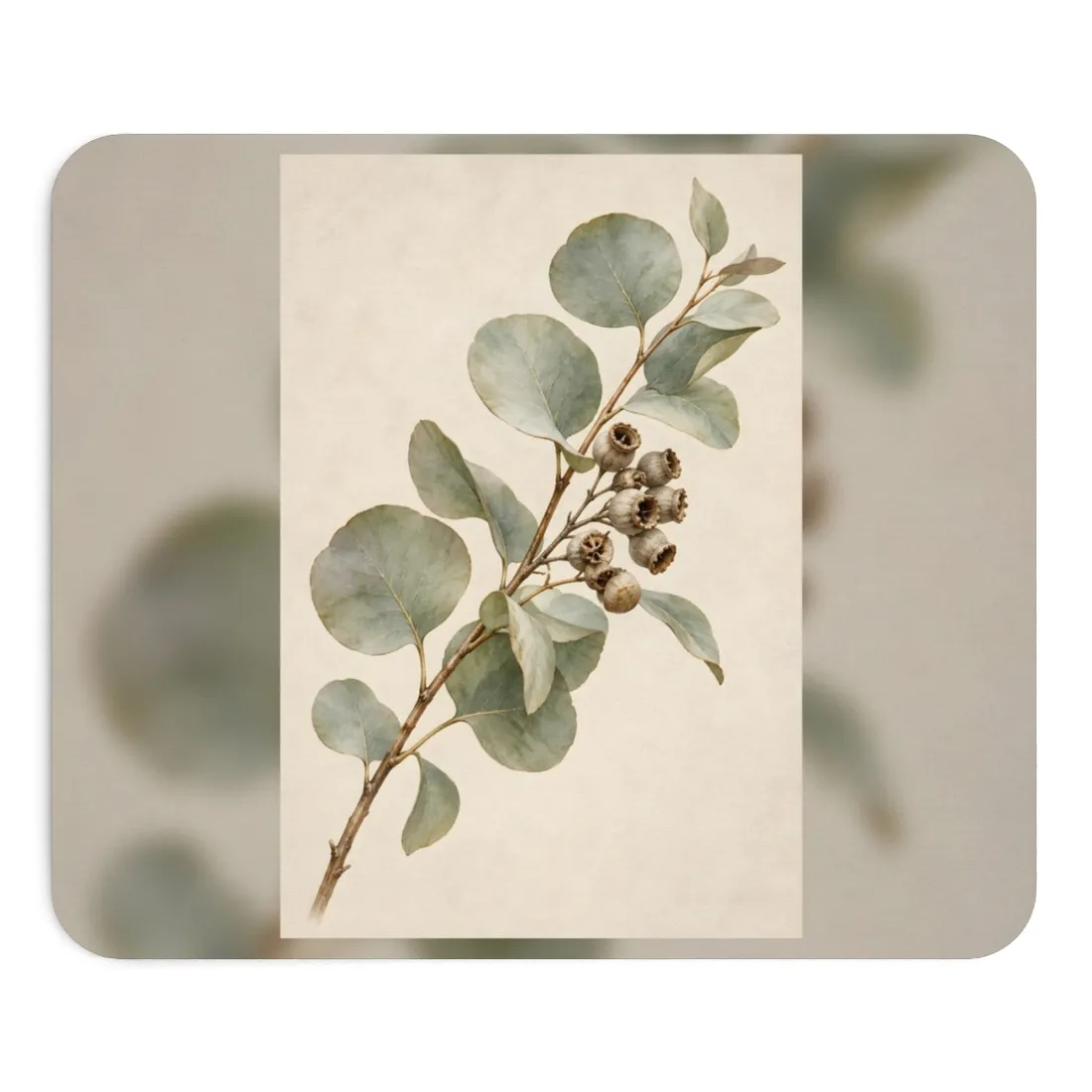 Watercolor-style botanical study of a branch with sage-green leaves and dried brown seed capsules on crea – Mouse Pad, view 1