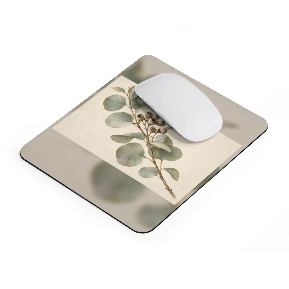 Watercolor-style botanical study of a branch with sage-green leaves and dried brown seed capsules on crea – Mouse Pad, view 2