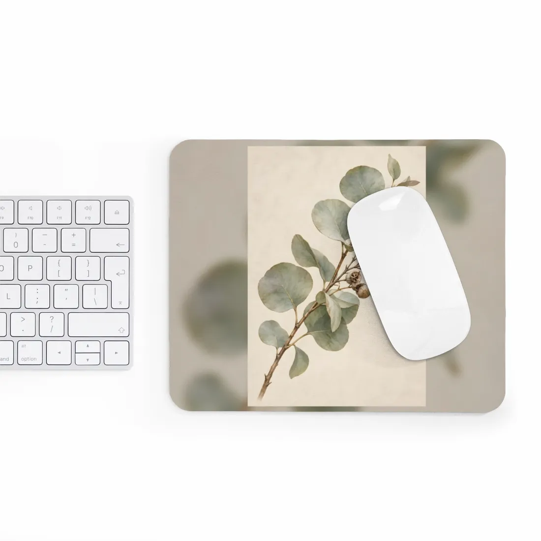 Watercolor-style botanical study of a branch with sage-green leaves and dried brown seed capsules on crea – Mouse Pad, view 3