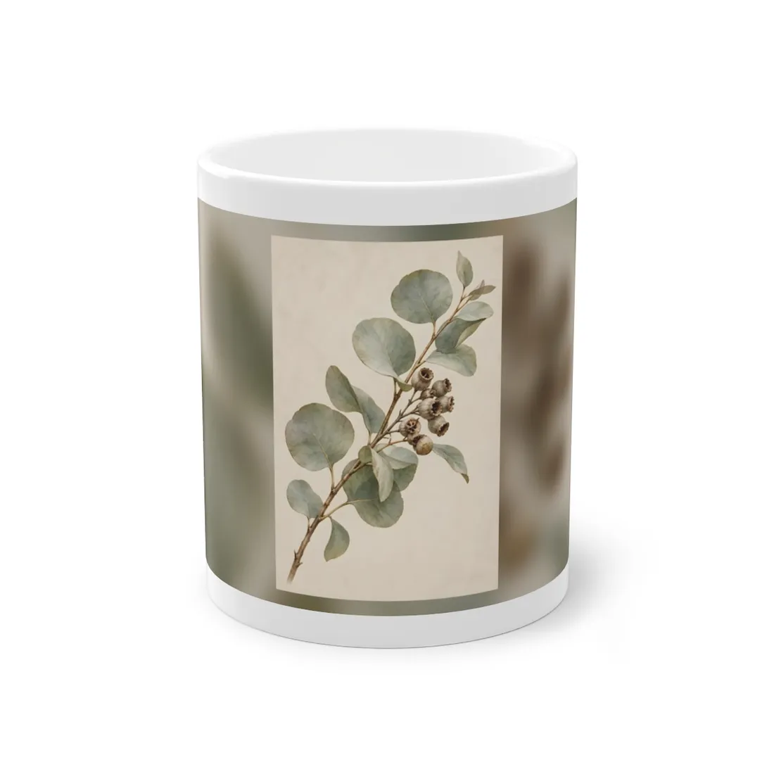 Watercolor-style botanical study of a branch with sage-green leaves and dried brown seed capsules on cream pape – Mug, view 1