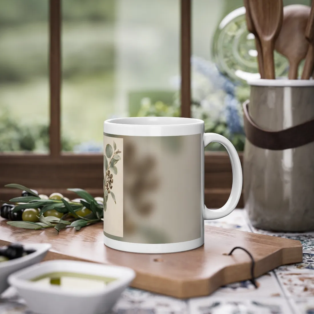 Watercolor-style botanical study of a branch with sage-green leaves and dried brown seed capsules on cream pape – Mug, view 2