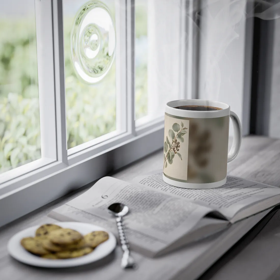 Watercolor-style botanical study of a branch with sage-green leaves and dried brown seed capsules on cream pape – Mug, view 3