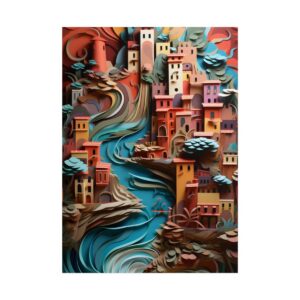 Paper Cut Hillside Village Poster