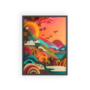 Layered Paper Landscape at Sunset Framed Poster
