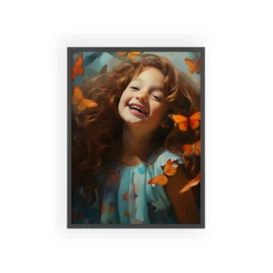Laughing Girl with Orange Butterflies Framed Poster