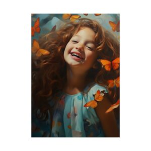 Laughing Girl with Orange Butterflies Poster