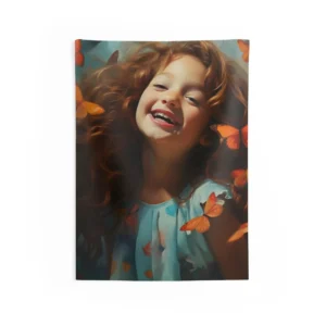 Laughing Girl with Orange Butterflies Wall Tapestry