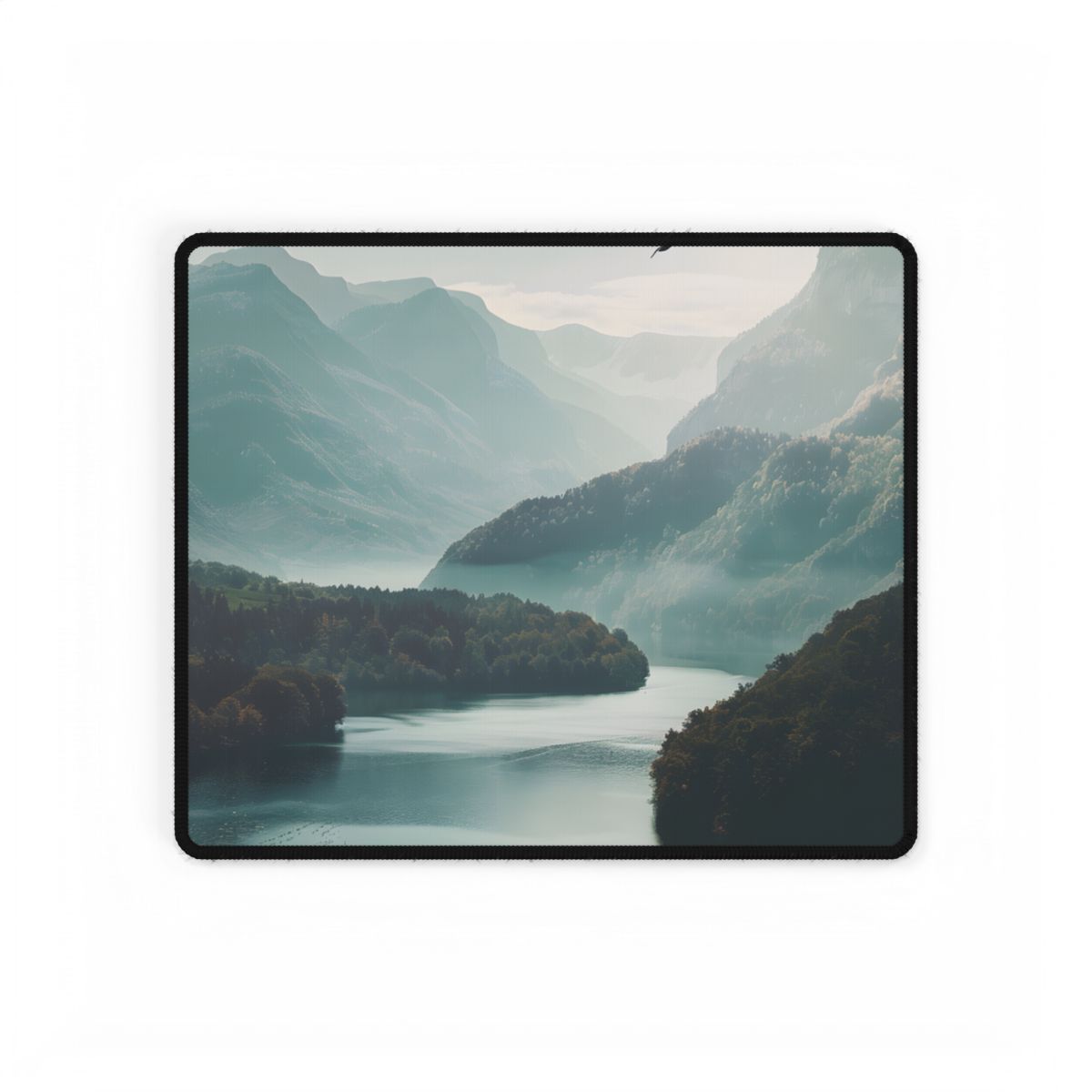 Explore Serene Mountains and Lake: Aerial Perspective Digital Art - Desk Mat
