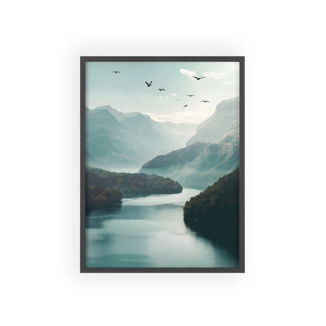 Explore Serene Mountains and Lake: Aerial Perspective Digital Art - Framed Poster
