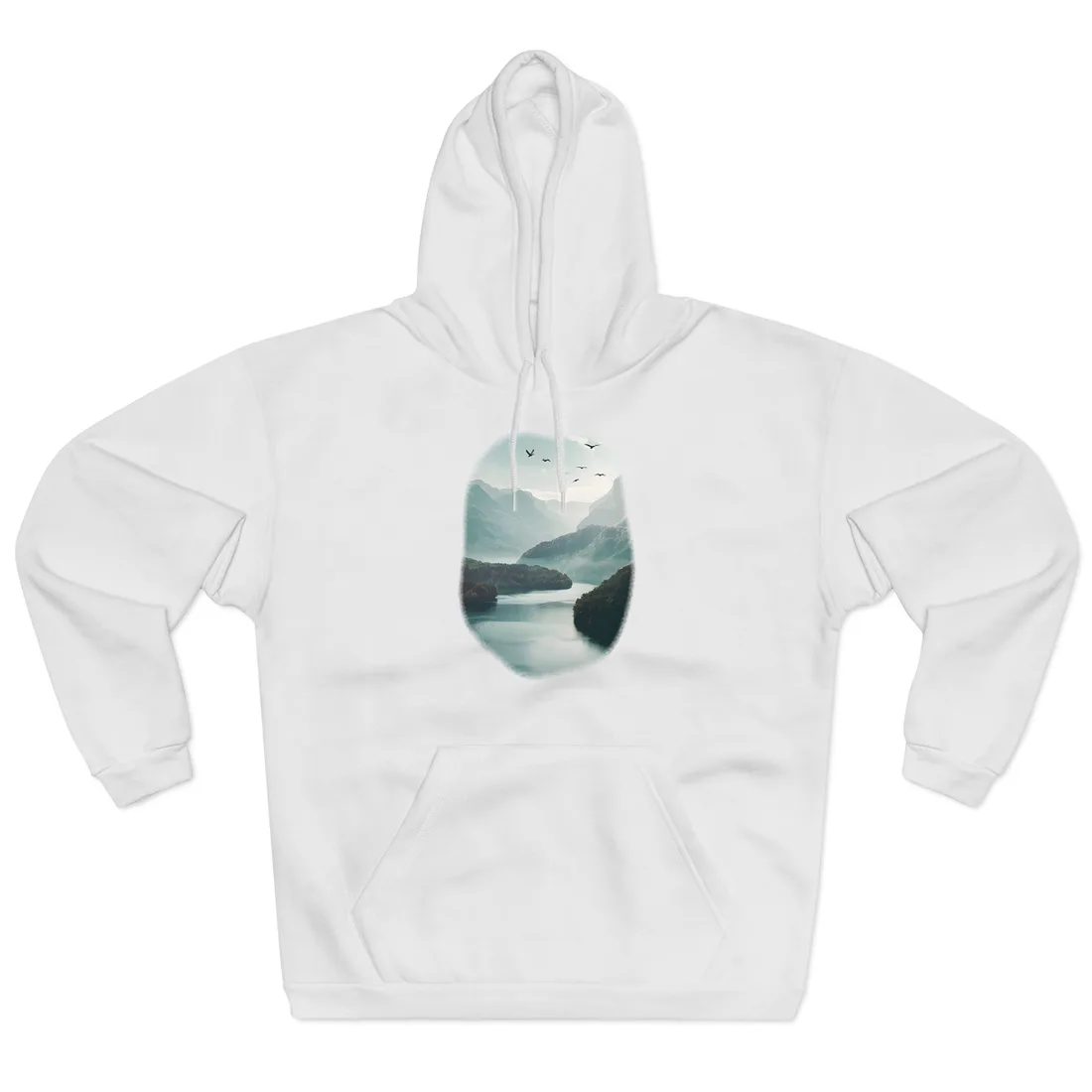Explore Serene Mountains and Lake: Aerial Perspective Digital Art - Hoodie (White)