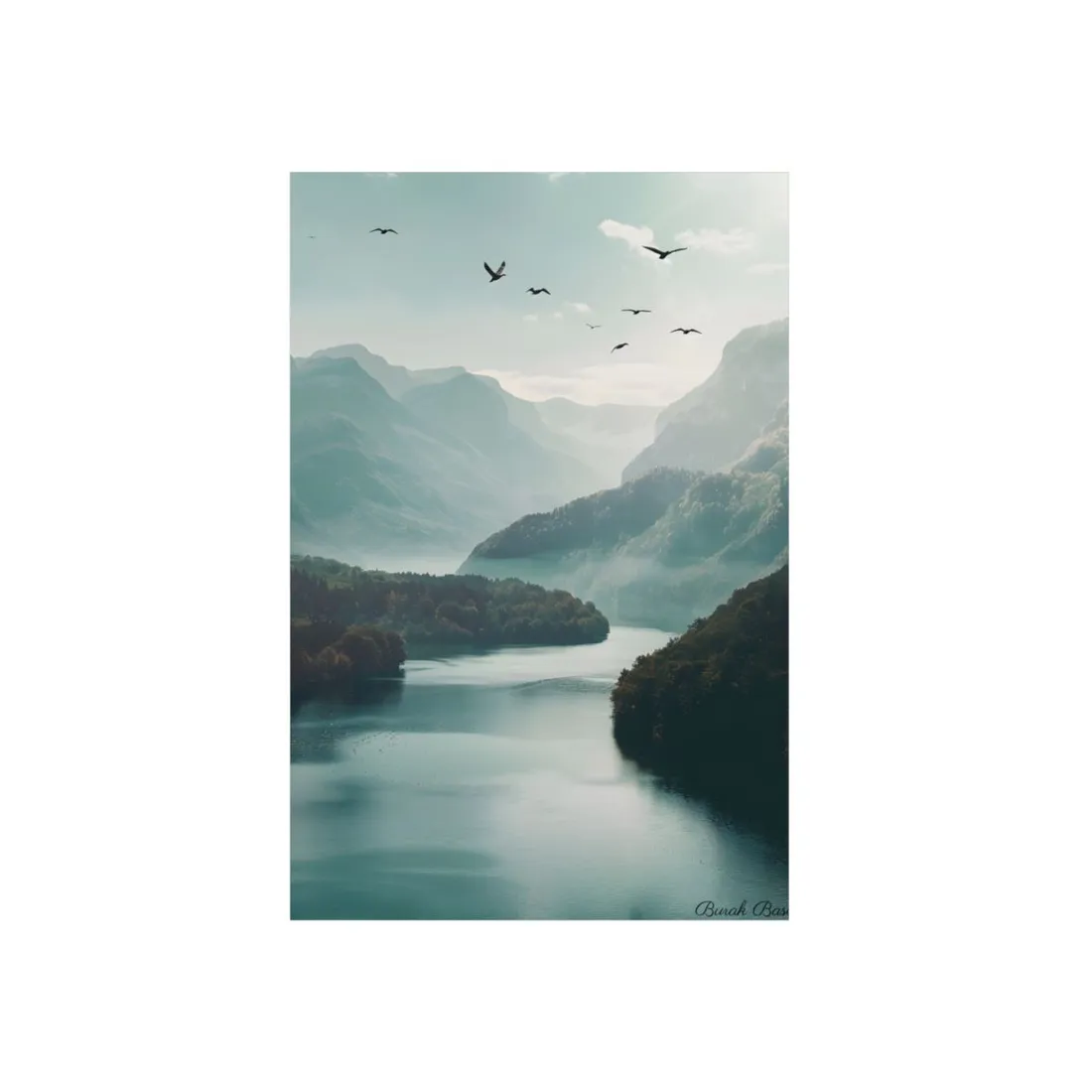 Explore Serene Mountains and Lake: Aerial Perspective Digital Art - Metal Poster