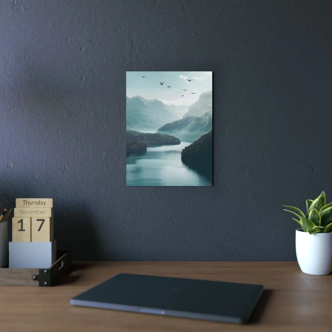 Explore Serene Mountains and Lake: Aerial Perspective Digital Art - Metal Poster