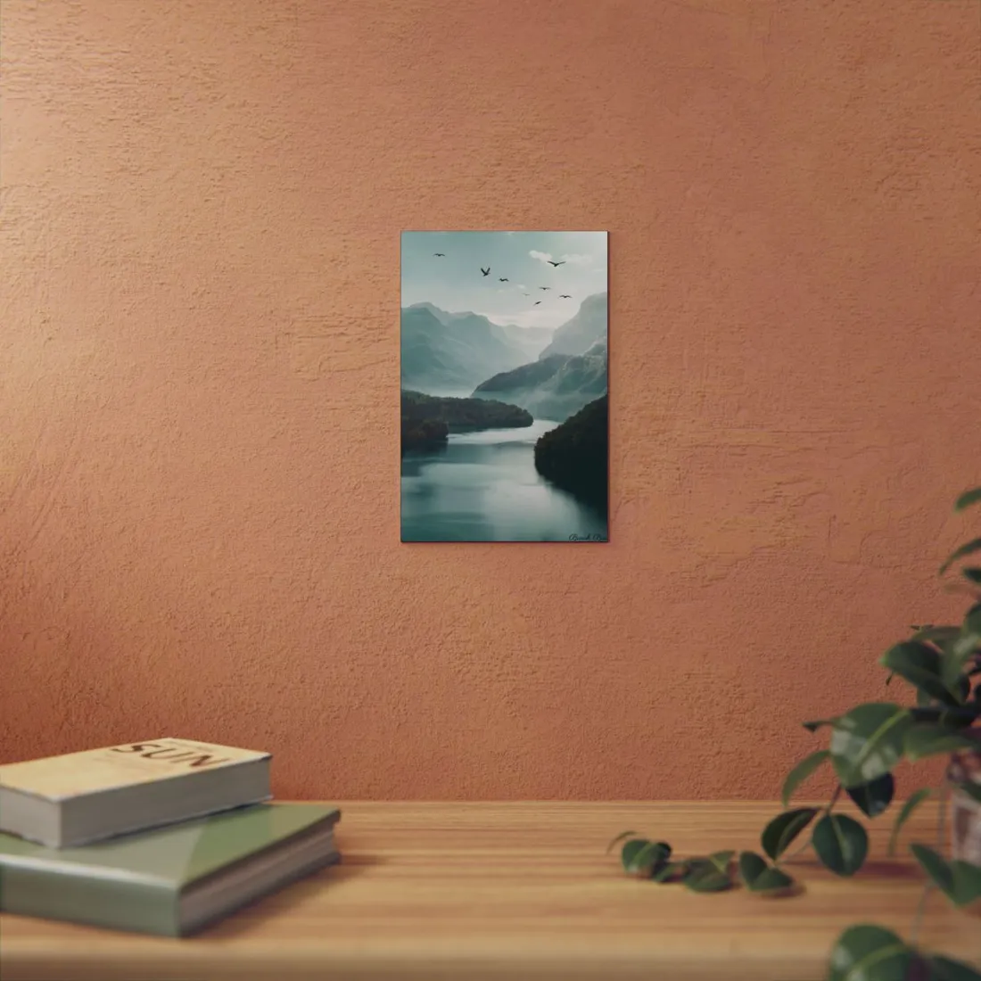 Explore Serene Mountains and Lake: Aerial Perspective Digital Art - Metal Poster