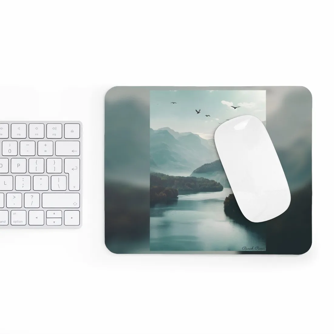 Explore Serene Mountains and Lake: Aerial Perspective Digital Art - Mouse Pad