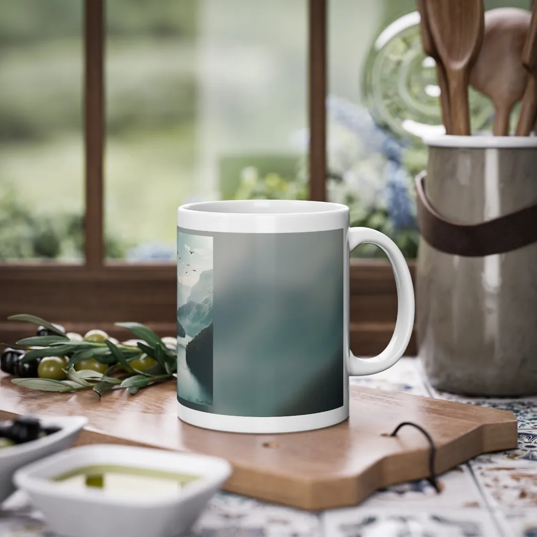Explore Serene Mountains and Lake: Aerial Perspective Digital Art - Mug
