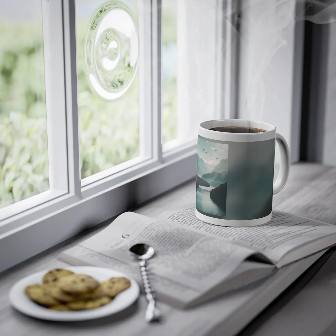 Explore Serene Mountains and Lake: Aerial Perspective Digital Art - Mug