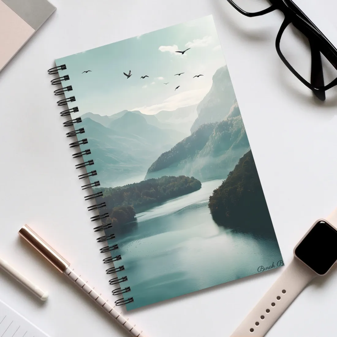 Explore Serene Mountains and Lake: Aerial Perspective Digital Art - Spiral Notebook
