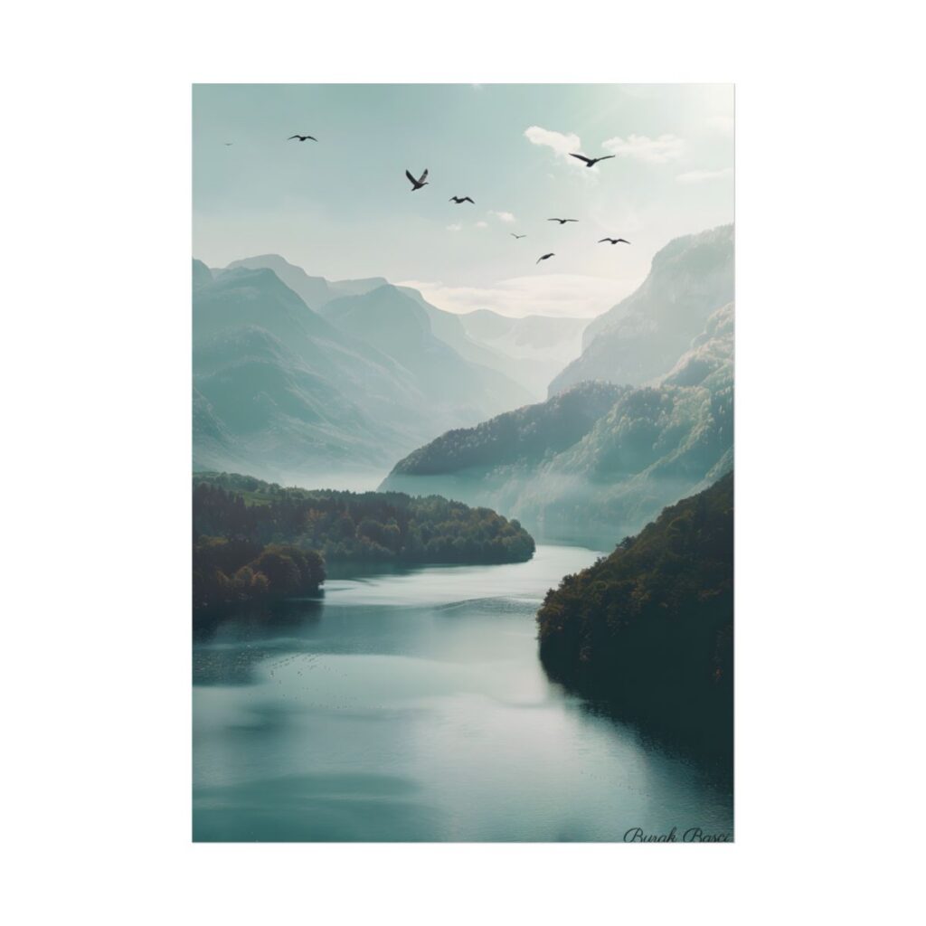 Explore Serene Mountains and Lake: Aerial Perspective Digital Art - Poster