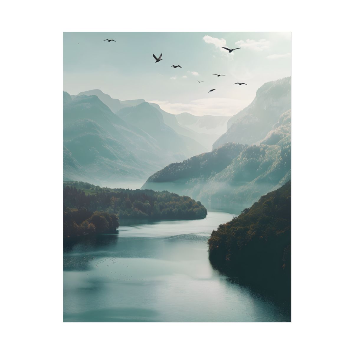 Explore Serene Mountains and Lake: Aerial Perspective Digital Art - Poster