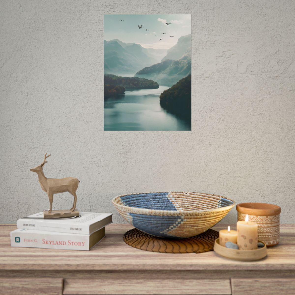 Explore Serene Mountains and Lake: Aerial Perspective Digital Art - Poster