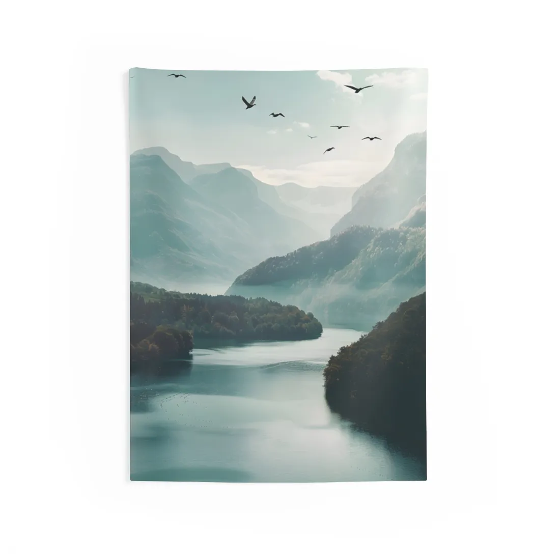 Explore Serene Mountains and Lake: Aerial Perspective Digital Art - Wall Tapestry