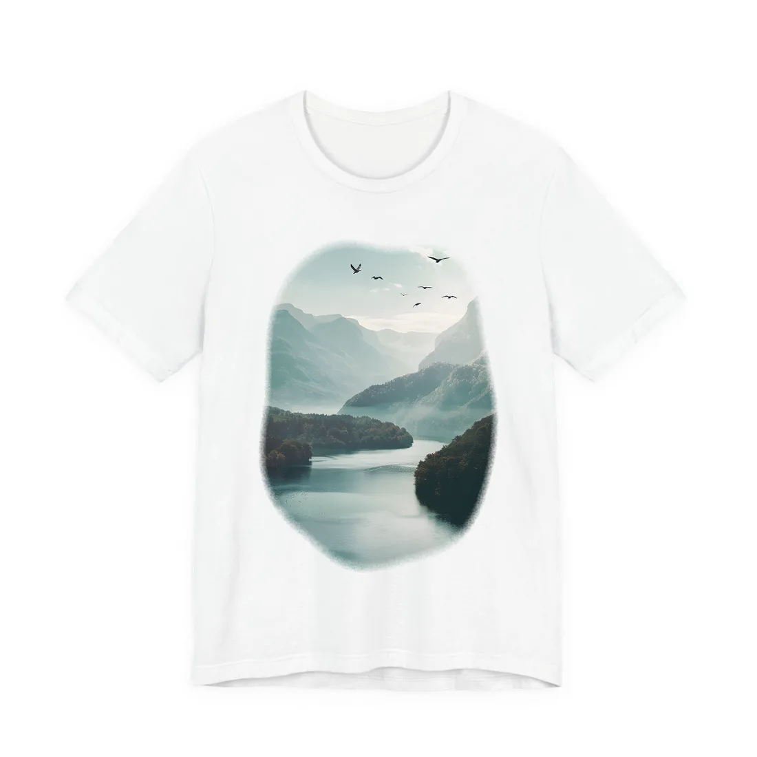 Explore Serene Mountains and Lake: Aerial Perspective Digital Art - T-Shirt (White)