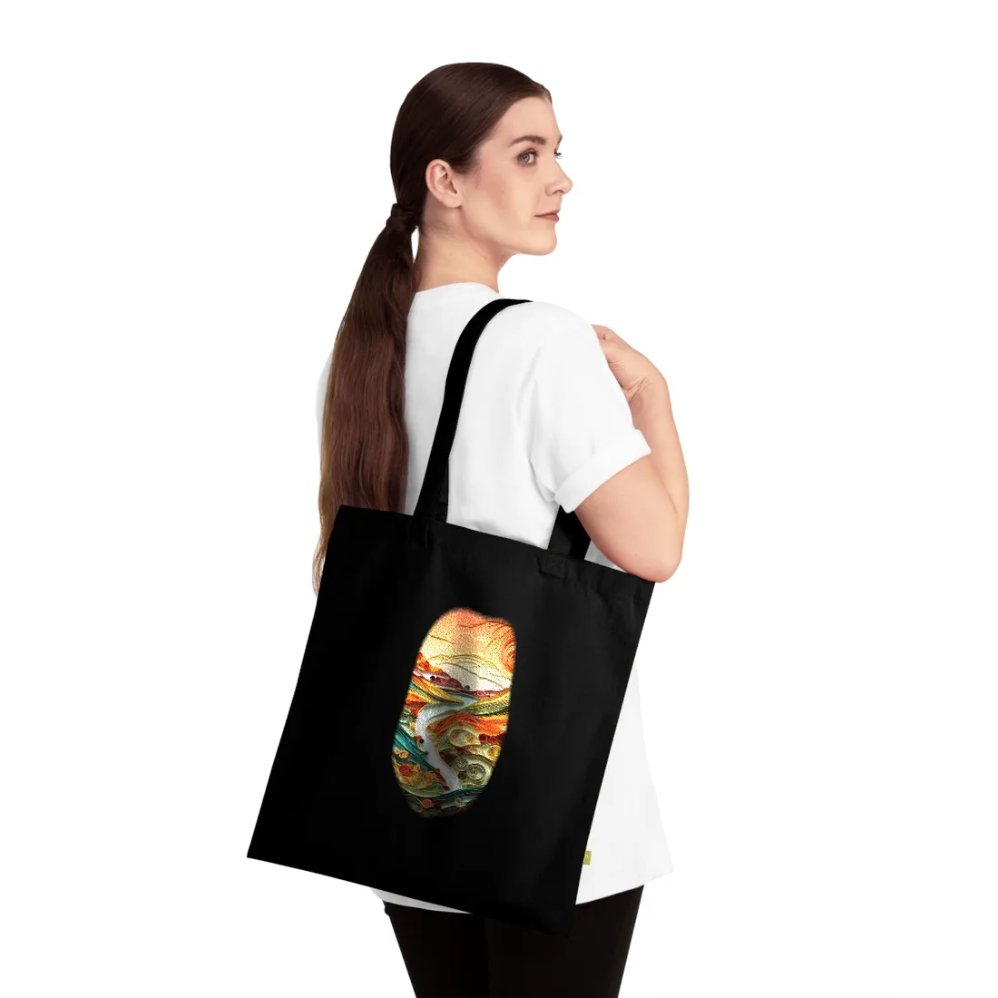 Layered paper-quilled landscape with orange sunset, spiral sun, teal hills and a winding pale river – Tote Bag, black