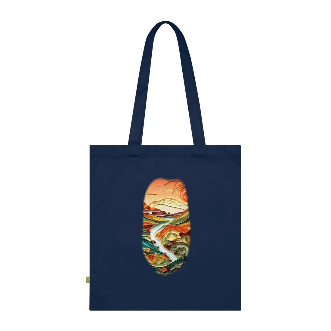 Layered paper-quilled landscape with orange sunset, spiral sun, teal hills and a winding pale river – Tote Bag, french navy