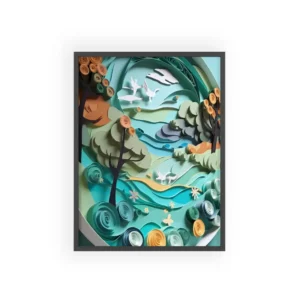 Quilled Forest River Scene: Paper Art Landscape Framed Poster