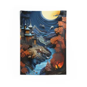 Moonlit Paper Village Wall Tapestry