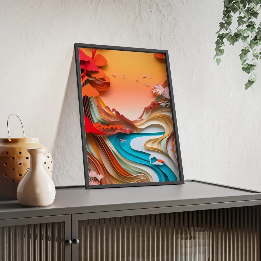 Eye-Catching Paper Quilling Japanese Landscape: Serene Natural - Framed Poster