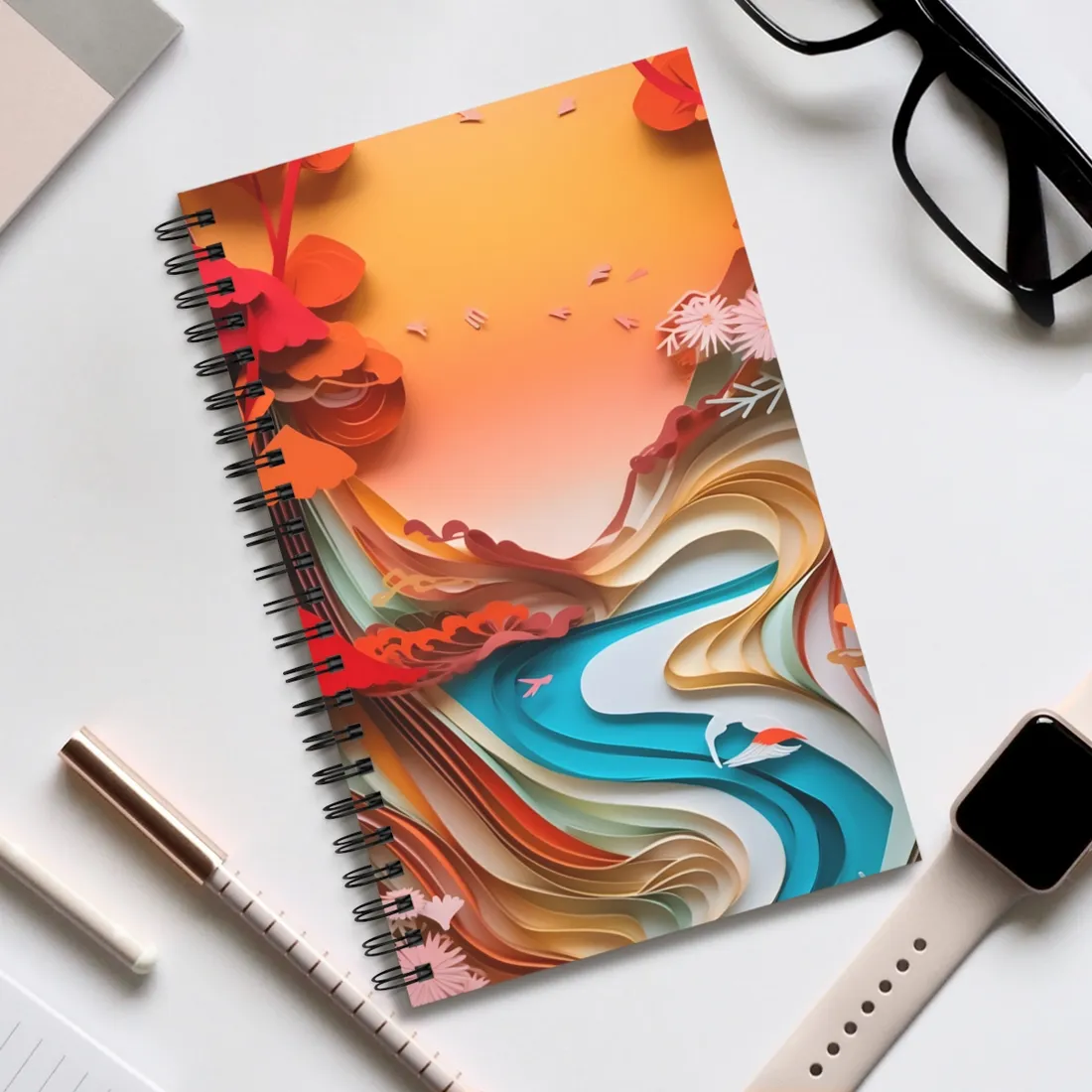 Eye-Catching Paper Quilling Japanese Landscape: Serene Natural - Spiral Notebook